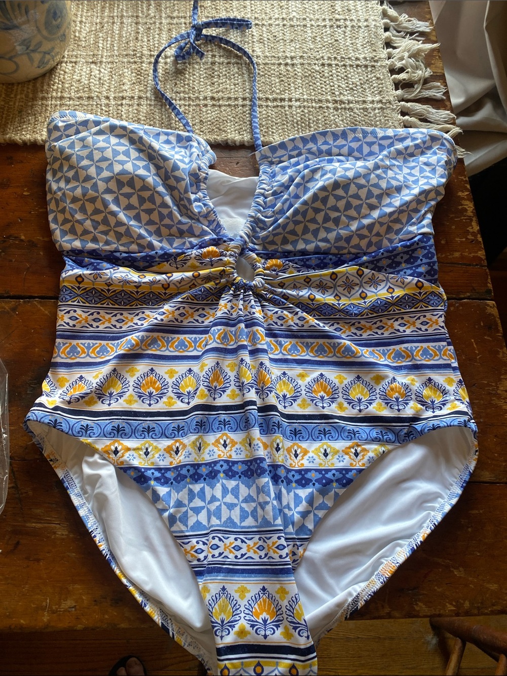Lands' End Blue and Yellow Patterned Girls One-Piece Swimsuit